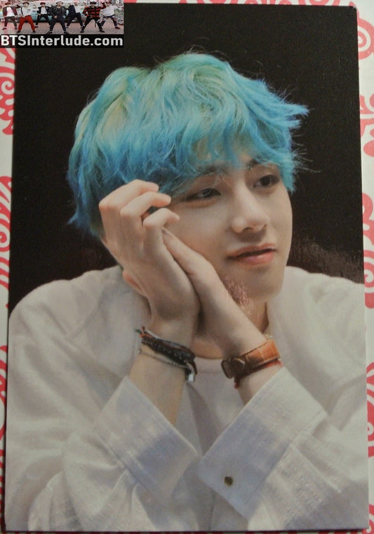 BTS PHOTOCARD FANSITE V KIM TAEHYUNG 김태형 BLUE HAIR WHITE SHIRT FANSIGN PHOTO CARD