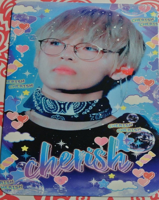 BTS PHOTOCARD FANSITE V KIM TAEHYUNG 김태형 CHERISH FANSITE BLOND HAIR GLASSES BLUE PHOTO CARD