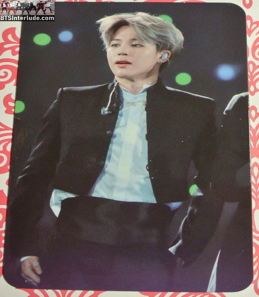 BTS PHOTOCARD FANSITE PARK JIMIN 박지민 FRILLY WHITE SHIRT BLACK JACKET PIECES OF MIND FANSITE NEVERMIND