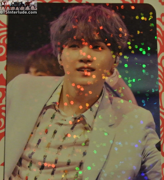 BTS PHOTOCARD FANSITE SUGA MIN YOONGI 민윤기 GLITTER 2 SIDEDBLUE HAIR BOY WITH LUV WHITE JACKET PHOTO CARD