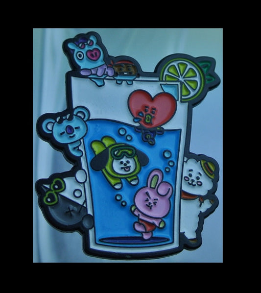 BTS PIN ENAMEL BT21 GUNMETAL GLASS OF WATER OFFICIAL VAN COOKY TATA CHIMMY KOYA MANG SHOOKY RJ BADGE BUTTON