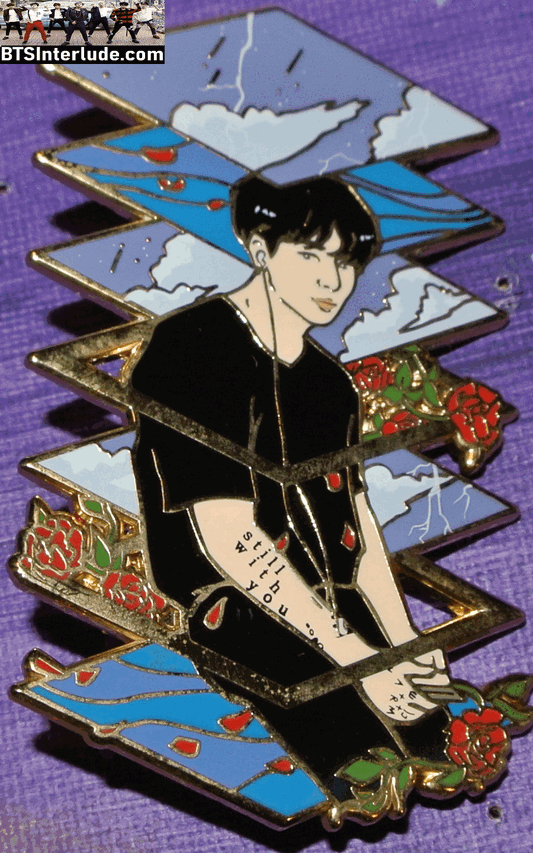 BTS PIN ENAMEL GOLD JEON JUNGKOOK 전정국 SLICES BLACK T SHIRT ROSES BADGE BUTTON