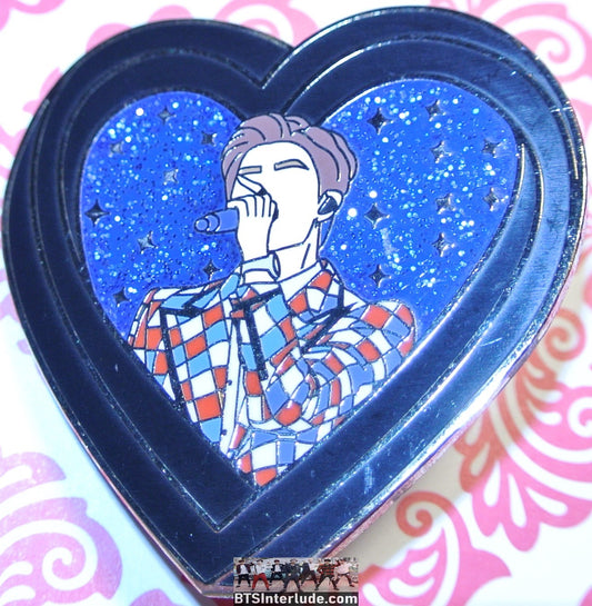BTS PIN ENAMEL GOLD RM KIM NAMJOON 김남준 BLACK HEART CHECKED JACKET BLUE GLITTER BADGE BUTTON