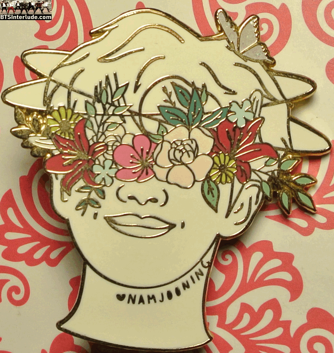 BTS PIN ENAMEL GOLD RM KIM NAMJOON 김남준 WHITE FLOWER TIARA NAMJOONING BADGE BUTTON