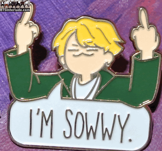 BTS PIN ENAMEL GOLD SUGA MIN YOONGI 민윤기 CHIBI BLOND HAIR I'M SOWWY FLIPPING OFF BADGE BUTTON