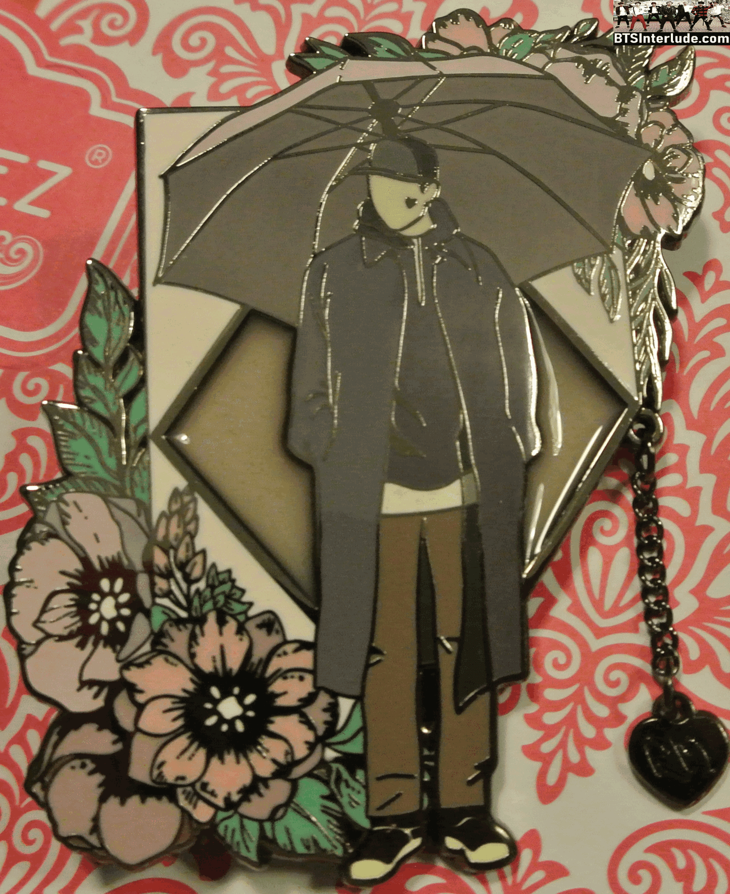 BTS PIN ENAMEL GUNMETAL RM KIM NAMJOON 김남준 GREYSCALE UMBRELLA STAINED GLASS HEART DANGLE PINK FLOWERS EGOH PINS BADGE BUTTON