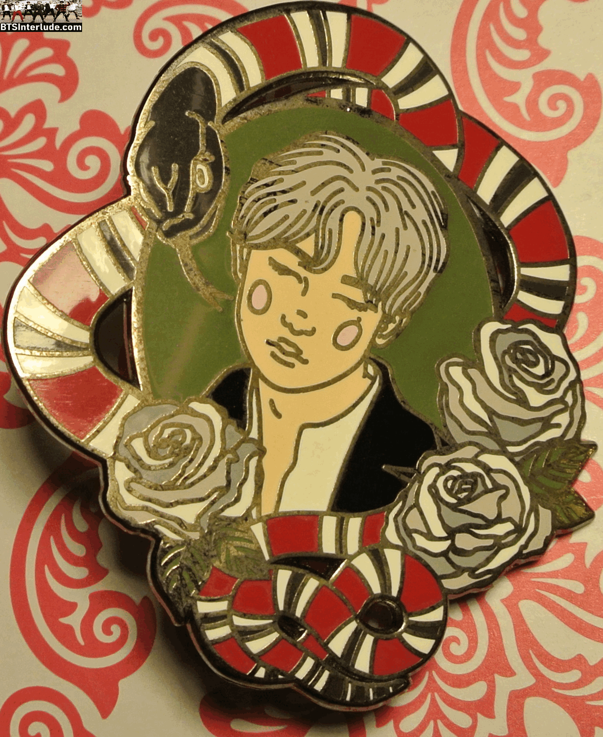 BTS PIN ENAMEL GUNMETAL RM KIM NAMJOON 김남준 RED WHITE SNAKE FRAME BADGE BUTTON