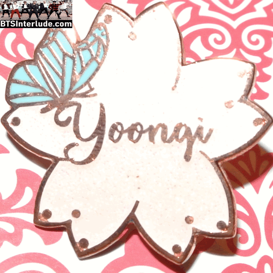 BTS PIN ENAMEL ROSE GOLD COPPER SUGA MIN YOONGI 민윤기 PINK GLITTER YOONGI BUTTERFLY HEART SHAPED SHOP PINS BADGE BUTTON