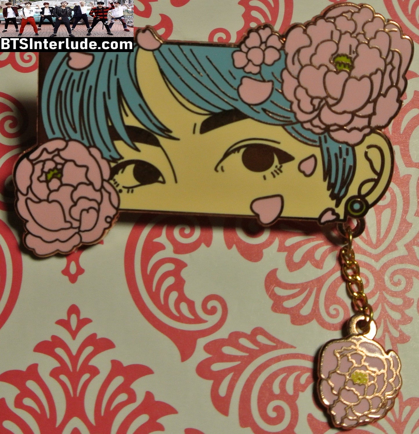 BTS PIN ENAMEL ROSE GOLD COPPER V KIM TAEHYUNG 김태형 EYES BLUE HAIR PINK FLOWERS JIMIN0613 PINS BADGE BUTTON