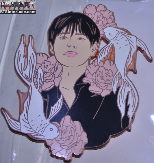 BTS PIN ENAMEL ROSE GOLD COPPER V KIM TAEHYUNG 김태형 KOI FISH PINK FLOWERS BLACK SHIRT ROSIE BANGTAN PINS BADGE BUTTON