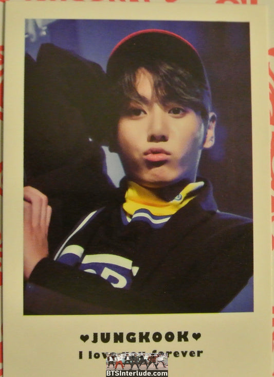 BTS POLAROID FANSITE JEON JUNGKOOK 전정국 BLUE YELLOW JACKET LEANING BACK FANSIGN I LOVE YOU FOREVER FANSITE