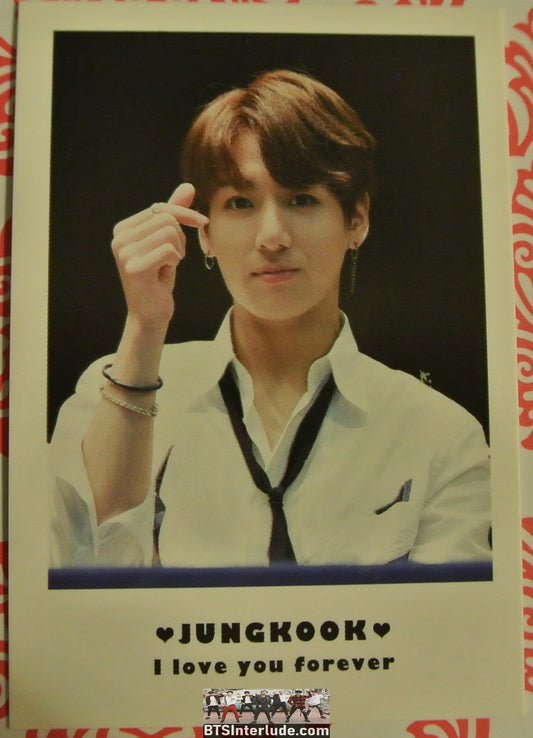 BTS POLAROID FANSITE JEON JUNGKOOK 전정국 WHITE SHIRT BLACK TIE FINGER HEART FANSIGN I LOVE YOU FOREVER FANSITE
