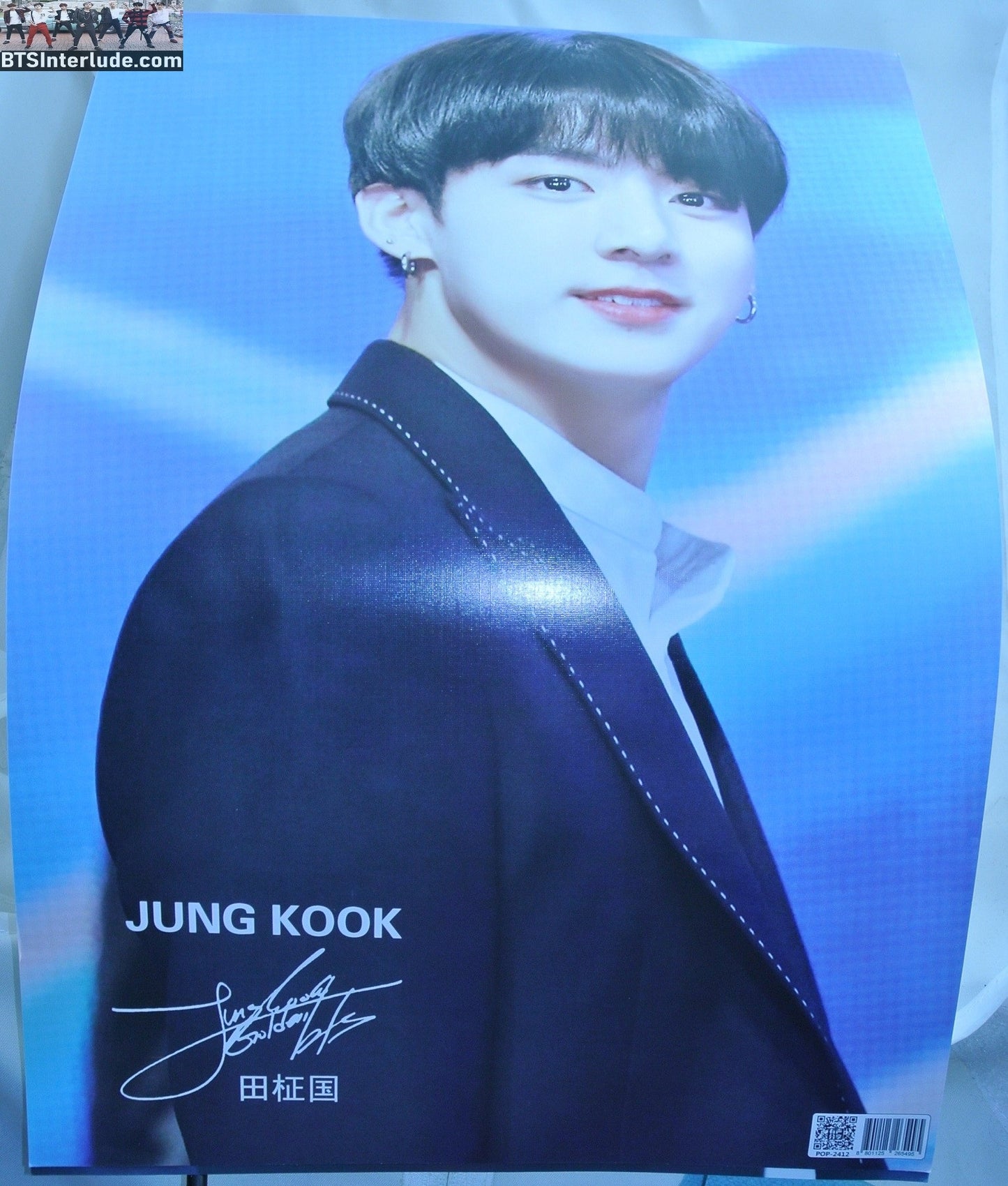 BTS POSTER MINI FANSITE JEON JUNGKOOK 전정국 BLACK SUIT WHITE SHIRT BLUE BACKGROUND PROFILE NEW 11" X 16"