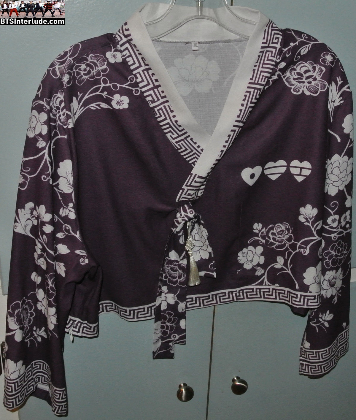BTS SHIRT FAUX HANBOK PURPLE WHITE FLOWERS CROP NORIGAE 3XL ARIRANG CONCERTS JUNGKOOK V JIMIN RM J-HOPE SUGA JIN