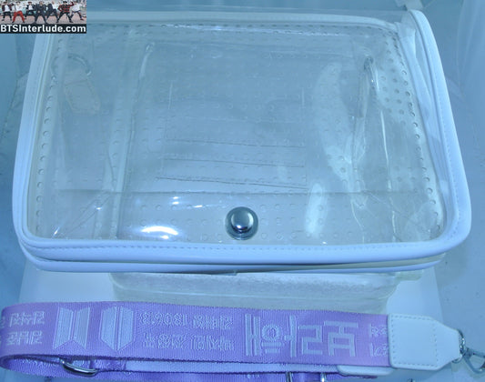 BTS PURSE CLEAR ITA ENAMEL PIN BAG PURSE CLUTCH CONCERT READY PURPLE WHITE BORAHAE ADJUSTABLE STRAP JUNGKOOK V JIMIN RM J-HOPE SUGA JIN