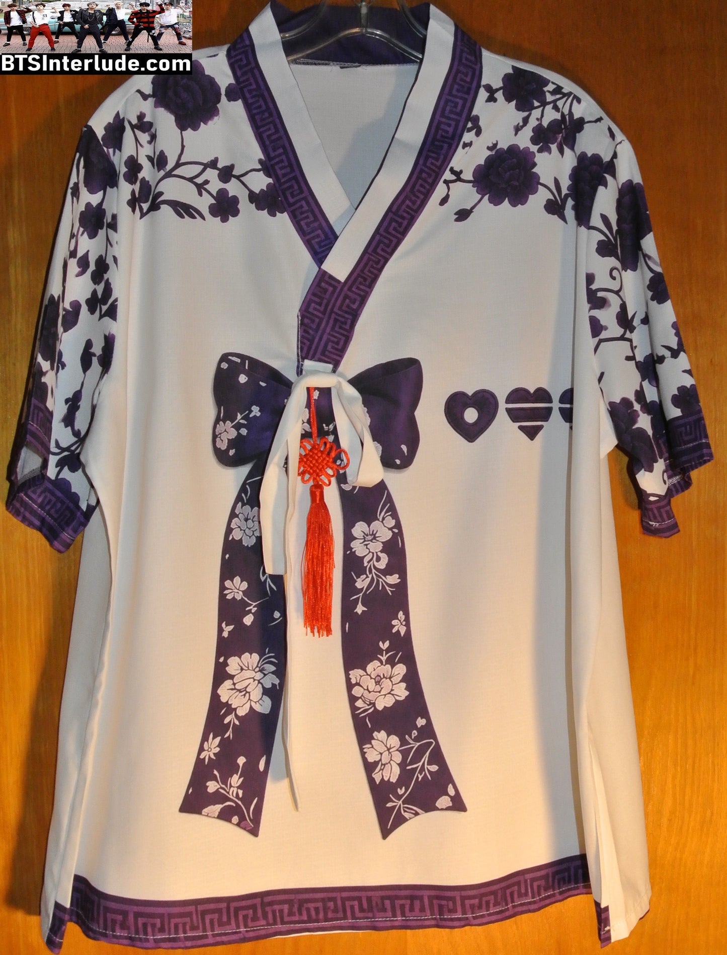 BTS SHIRT GROUP BANGTAN 방탄소년단 ARIRANG FAUX HANBOK WHITE PURPLE FLOWERS NORIGAE 4XL JUNGKOOK V JIMIN RM J-HOPE SUGA JIN