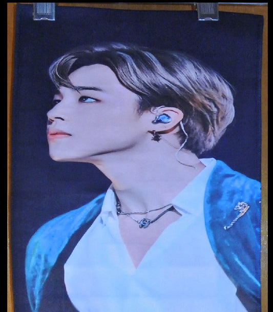 BTS SLOGAN FABRIC PARK JIMIIN 박지민 5TH MUSTER JAPAN BLOND HAIR GREEN SEQUIN JACKET BLACK N WHITE FANSITE BANNER 2 SIDED LIMITED EDITION