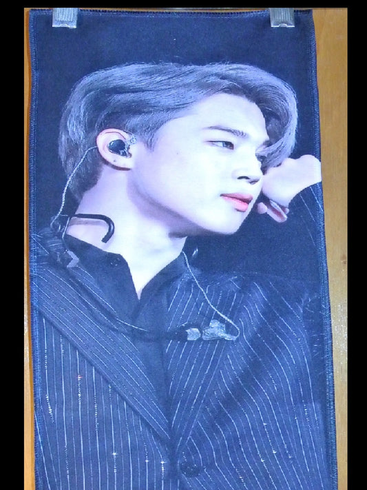 BTS SLOGAN FABRIC PARK JIMIIN 박지민 SILVERY BLOND HAIR BLACK PINSTRIPES POSSIBLY CATS PAW FANSITE BANNER 2 SIDED LIMITED EDITION