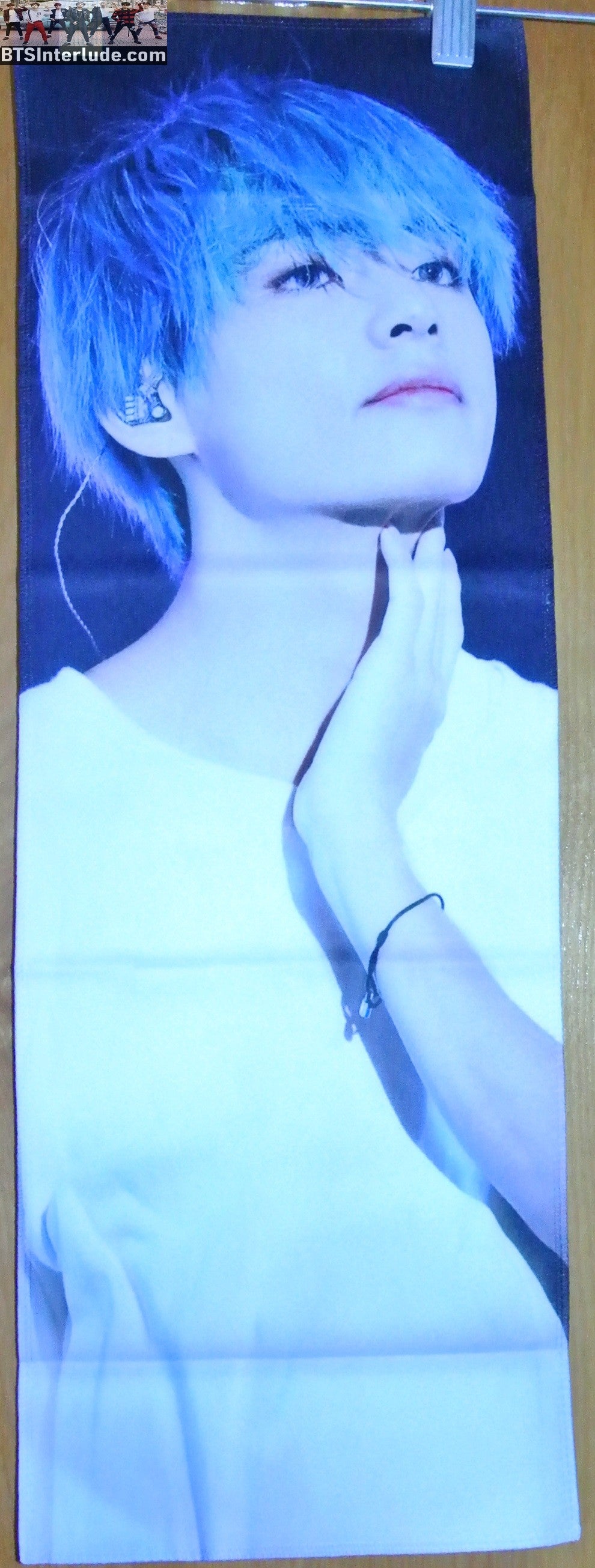BTS SLOGAN FABRIC V KIM TAEHYUNG 김태형 BLUE HAIR HAND ON NECK BUTTERFLY FANSITE BANNER 2 SIDED LIMITED EDITION