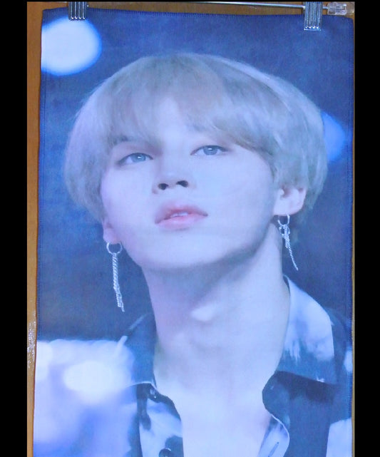 BTS SLOGAN FABRIC XL PARK JIMIIN 박지민 BLOND HAIR BLUE SATIN SHIRT JJIMJIRBANG FANSITE BANNER 2 SIDED LIMITED EDITION