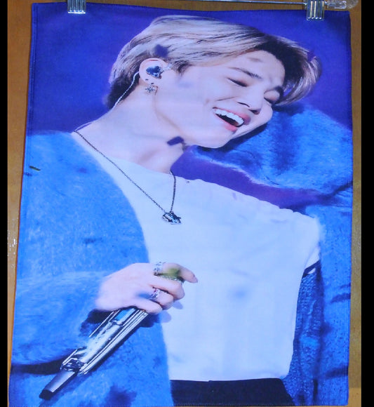 BTS SLOGAN FABRIC XL PARK JIMIIN 박지민 BLOND HAIR BLUE FLUFFY SWEATER INVICTUS FANSITE BANNER 2 SIDED LIMITED EDITION