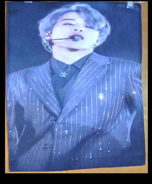 BTS SLOGAN FABRIC XL PARK JIMIIN 박지민 SILVER HAIR BLACK PINSTRIPES JIMINIFUL FANSITE BANNER 2 SIDED LIMITED EDITION