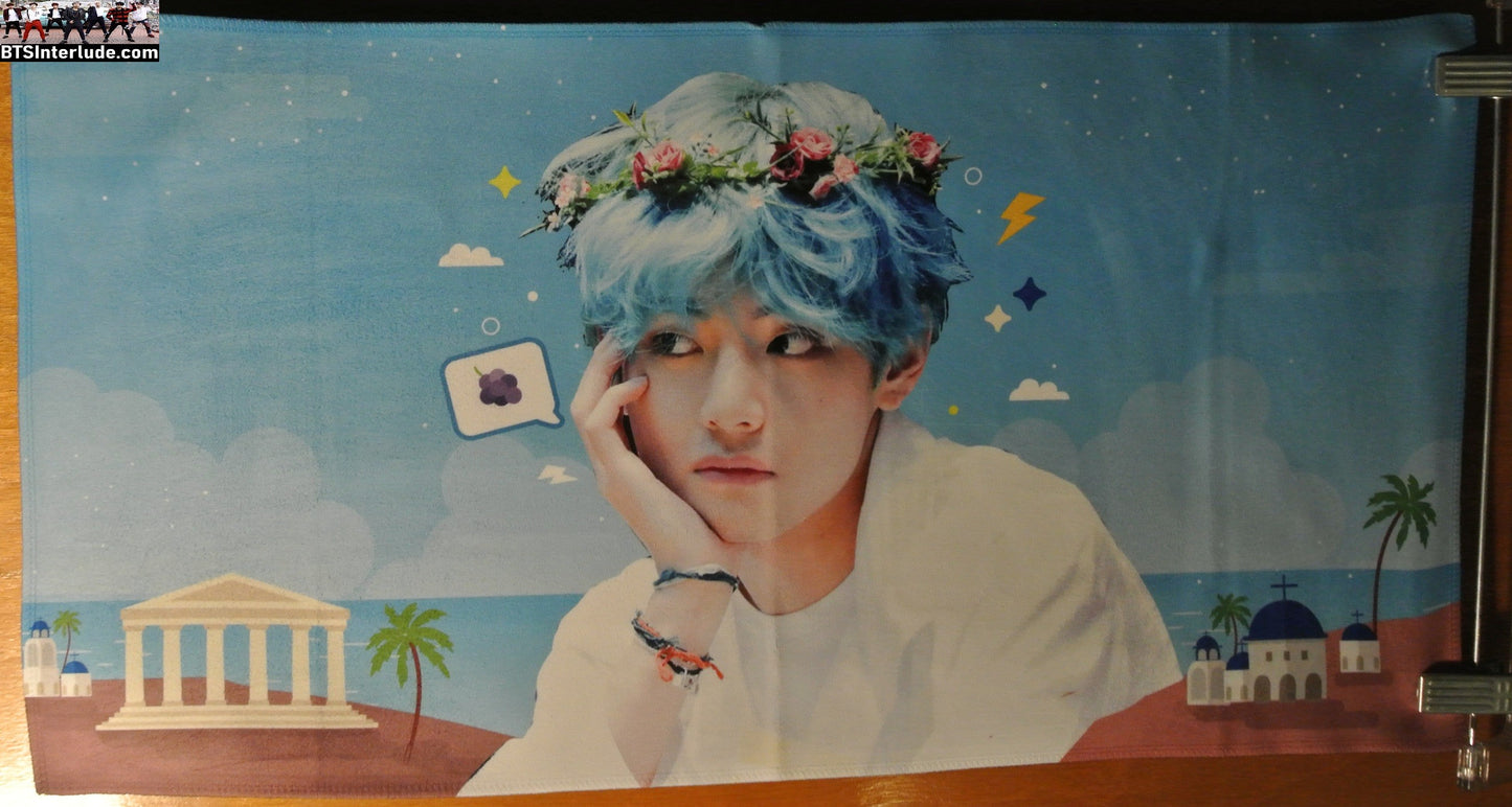 BTS SLOGAN FABRIC XL V KIM TAEHYUNG 김태형 BLUE HAIR FANSIGN FLOWER TIARA LOVE AFFECTION FANSITE BANNER 2 SIDED LIMITED EDITION