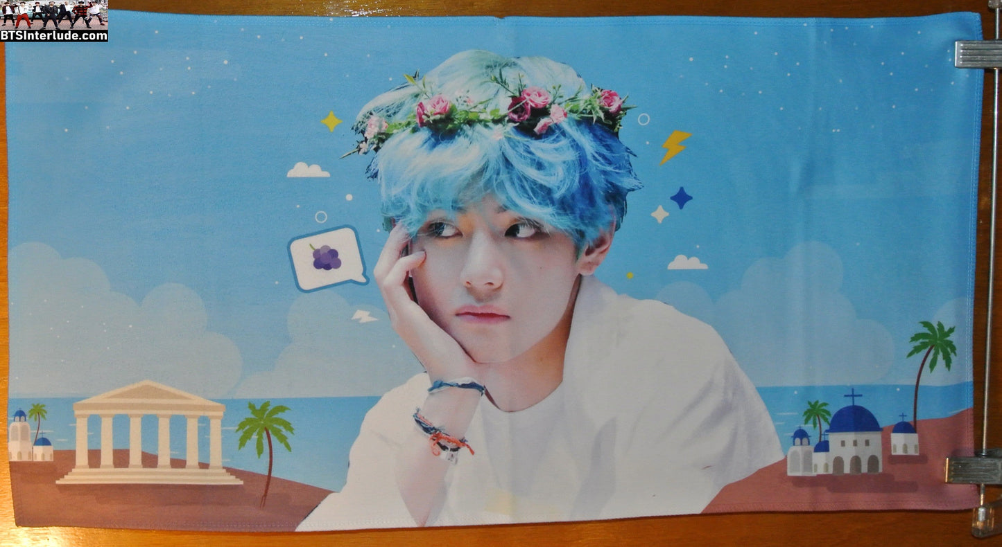 BTS SLOGAN FABRIC XL V KIM TAEHYUNG 김태형 BLUE HAIR FANSIGN FLOWER TIARA LOVE AFFECTION FANSITE BANNER 2 SIDED LIMITED EDITION