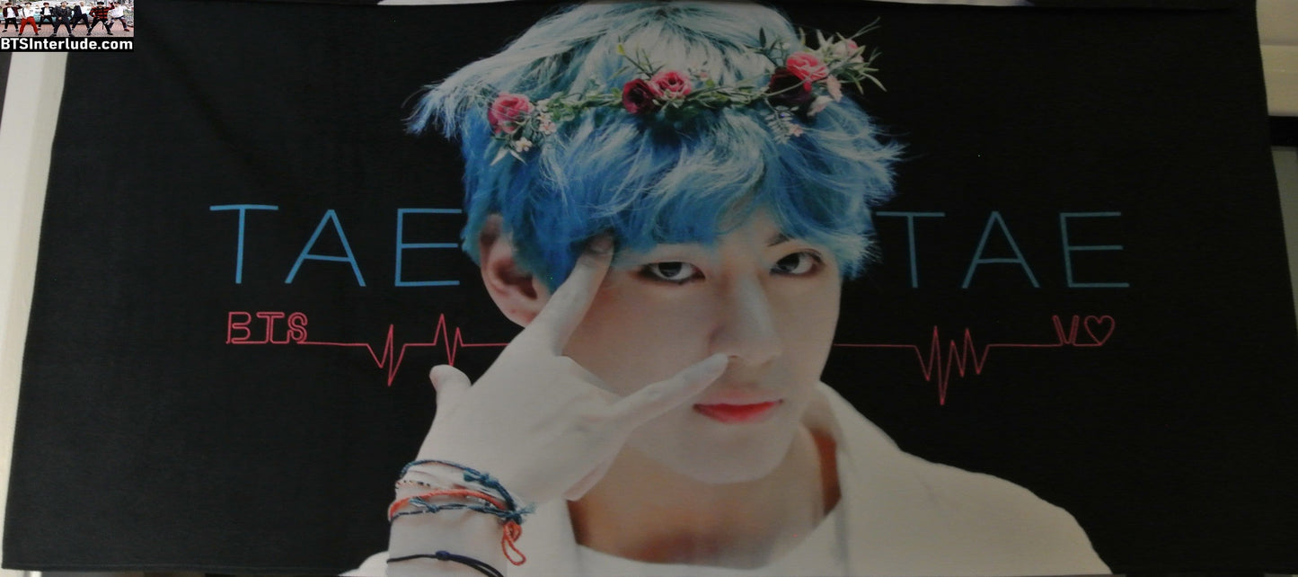 BTS SLOGAN FABRIC XXL V KIM TAEHYUNG 김태형 BLUE HAIR FANSIGN FLOWER TIARA FANSITE BANNER 2 SIDED LIMITED EDITION