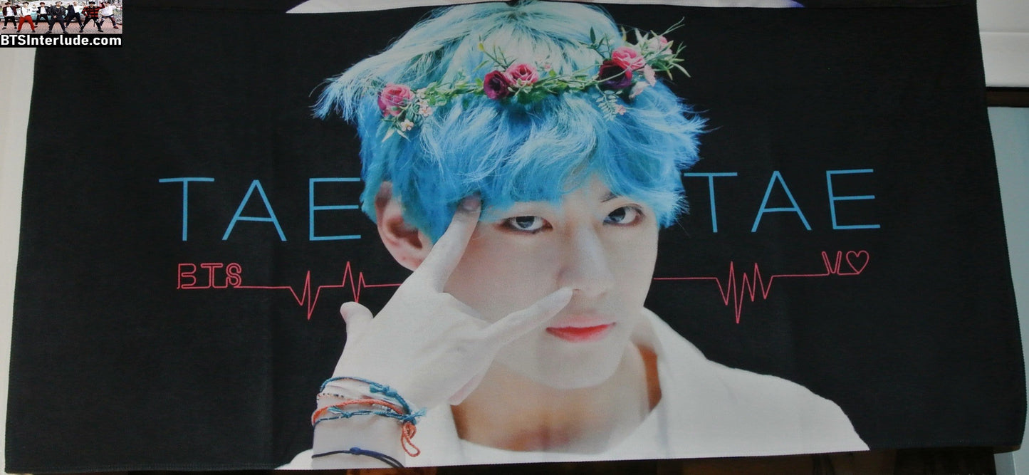 BTS SLOGAN FABRIC XXL V KIM TAEHYUNG 김태형 BLUE HAIR FANSIGN FLOWER TIARA FANSITE BANNER 2 SIDED LIMITED EDITION