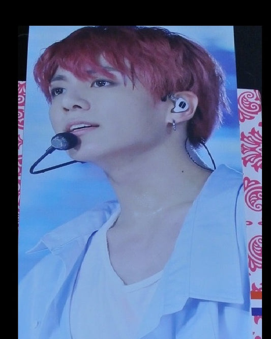BTS SLOGAN CARDSTOCK JEON JUNGKOOK 전정국 2 SIDED FANSITE RED HAIR BLUE SHIRT BANNER SIGN