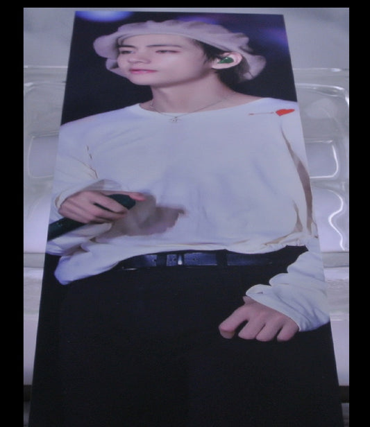 BTS SLOGAN CARDSTOCK V KIM TAEHYUNG 김태형 TAN BERET WHITE SHIRT FANSITE BANNER 2 SIDED LIMITED EDITION