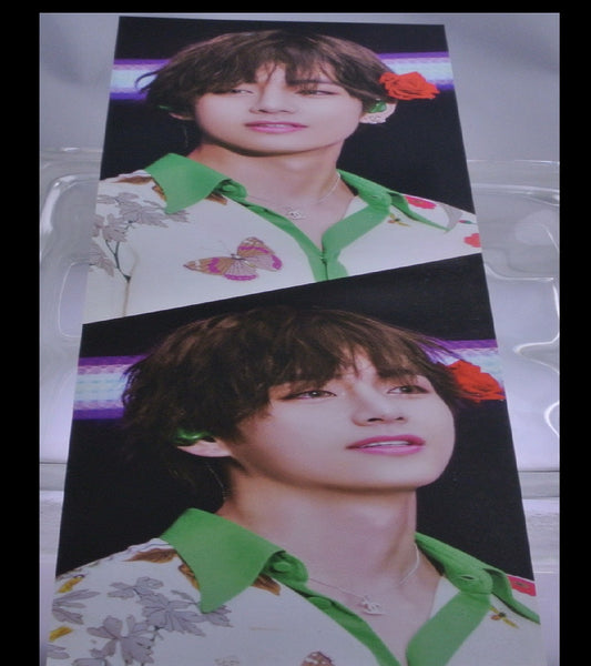 BTS SLOGAN CARDSTOCK V KIM TAEHYUNG 김태형 2 SHOT WHITE GREEN BUTTERFLY GUCCI SHIRT FANSITE BANNER 2 SIDED LIMITED EDITION